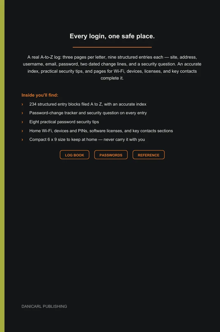 Password Log & Organizer — back cover